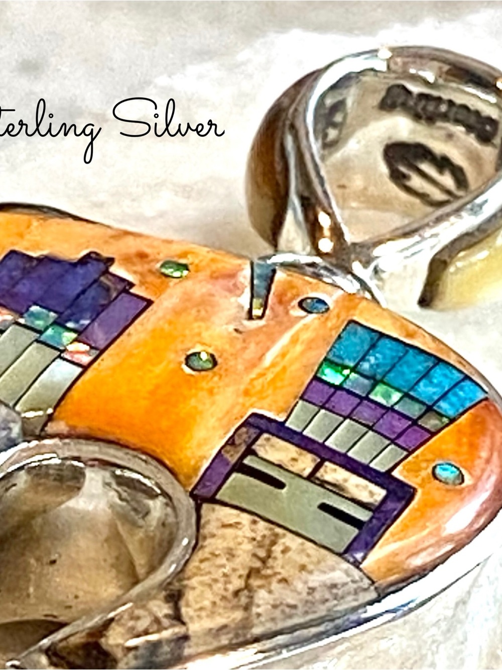Sterling Silver Micro Inlay Bear Reversible Pendant, Southwestern Style Design - Picture 9 of 11